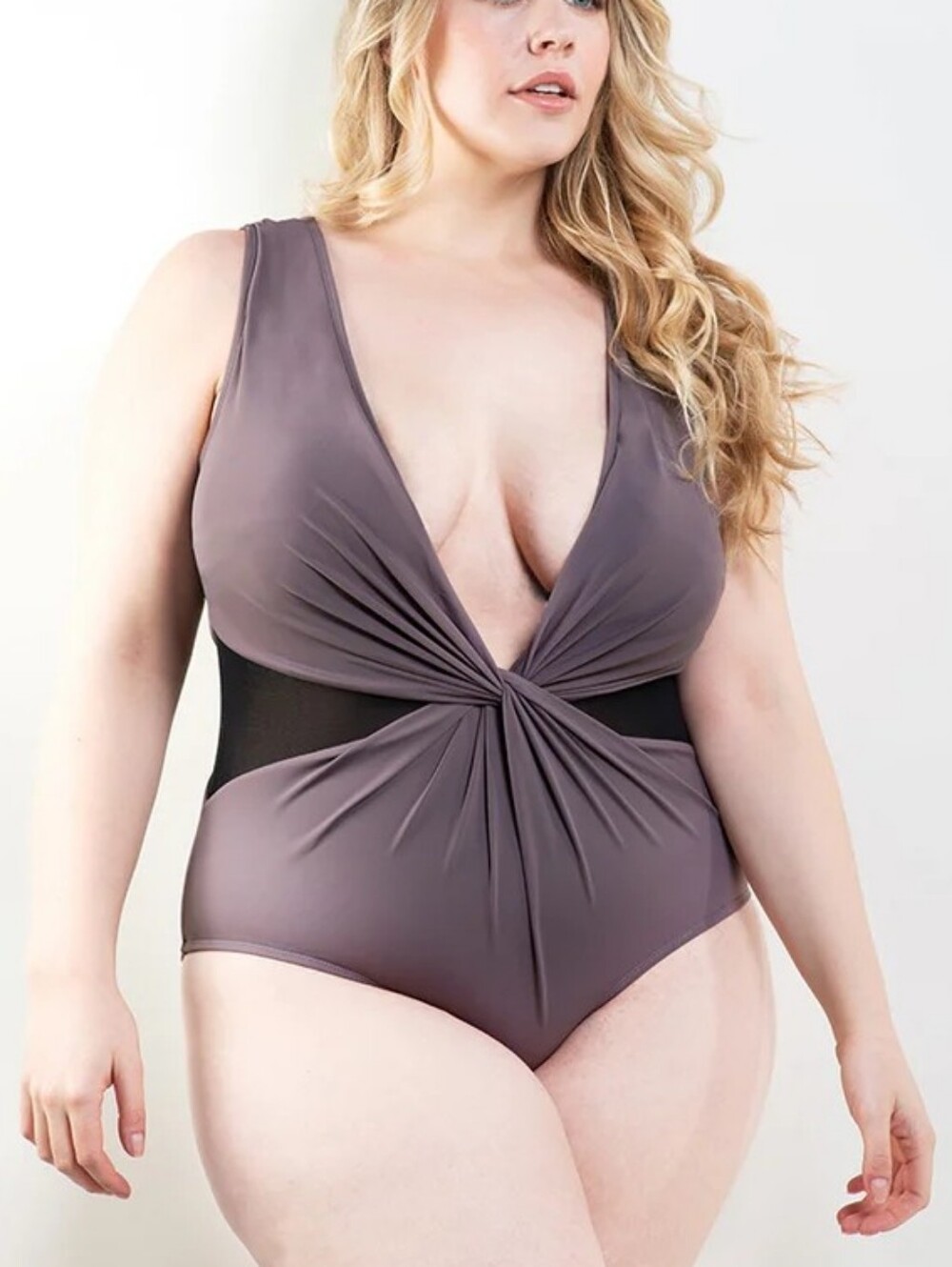 NWT Akoya Harriet Knotted Plunge One Piece Swim Suit Purple w Mesh Plus Size 1X